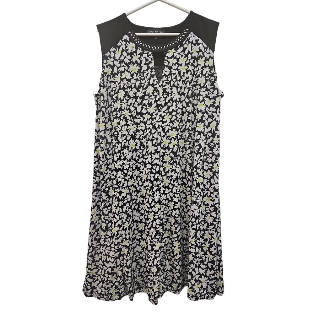 Jones New York Womens Sleeveless Floral Shift Lined Dress With Studded Neckline